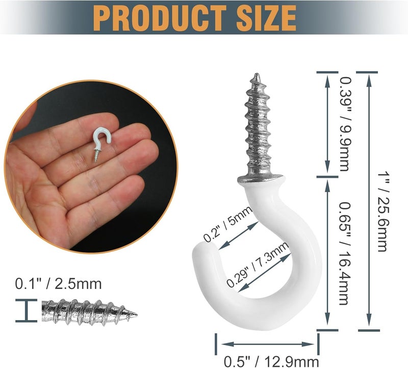 Jamiikury 50Pcs White Cup Hooks, 5/8 Inch Ceiling Hooks Metal Screw-in Hooks Vinyl Coated Screw Hooks Mini Hooks for Decorative Craft Hanging Things - Image 4